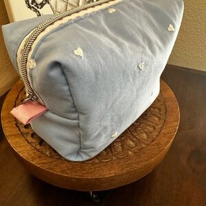 Cosmetic Bag-blue and white heart cotton print, silver hardware New